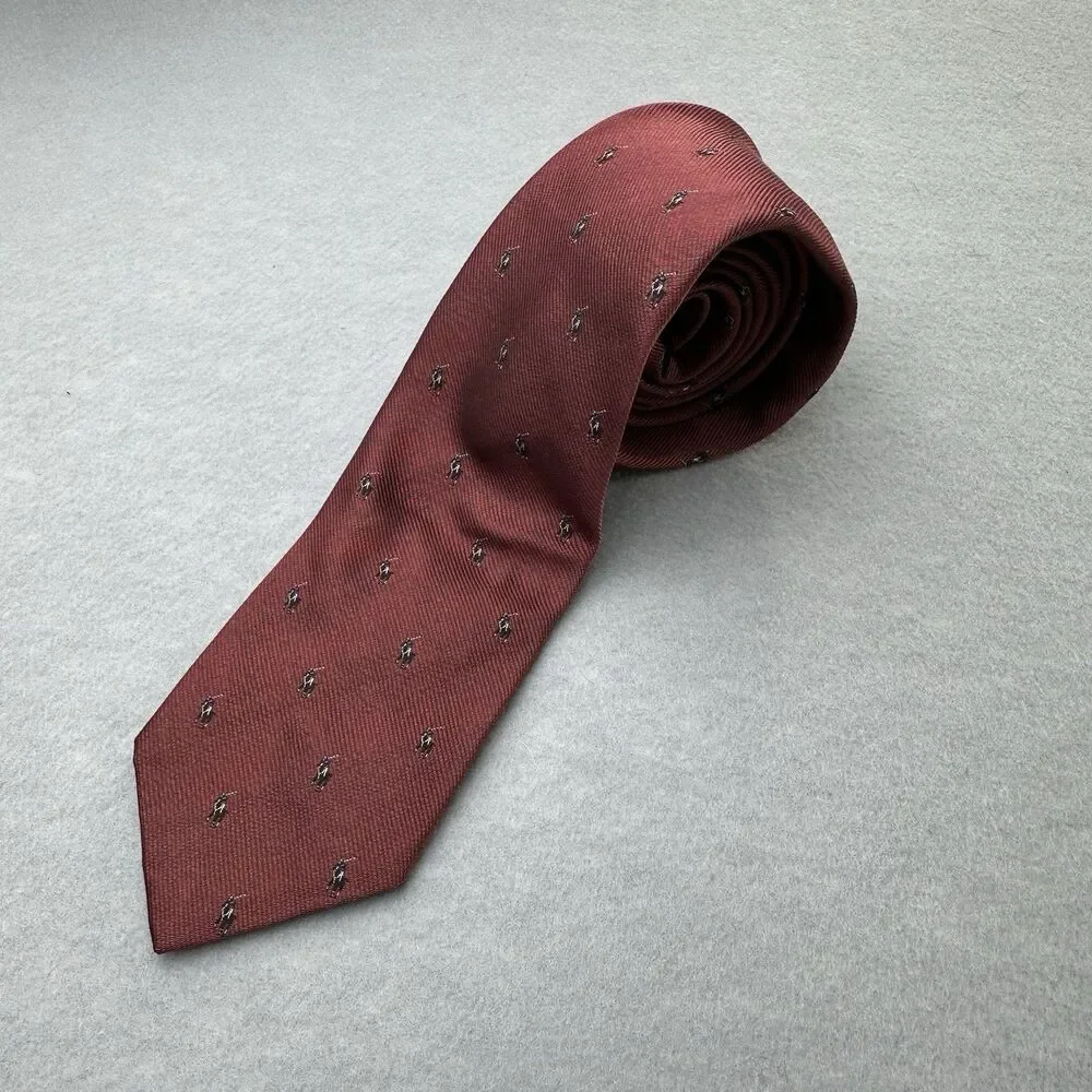 Polo Ralph Lauren Tie 100% Silk Made By Hand In USA Crimson‎ Pony All Over VTG